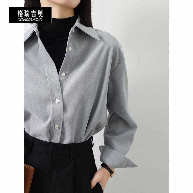 CONGRAZIO/格瑞吉奧襯衫女秋復古法式通勤加厚疊穿氣質POLO領上衣