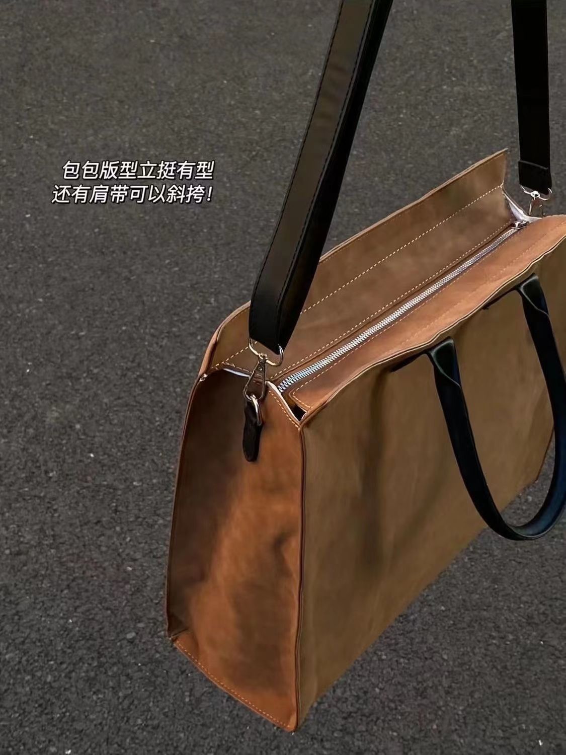 2023新款韓國ins超火磨砂PU皮單肩手提大托特包焦棕色休閒斜跨包