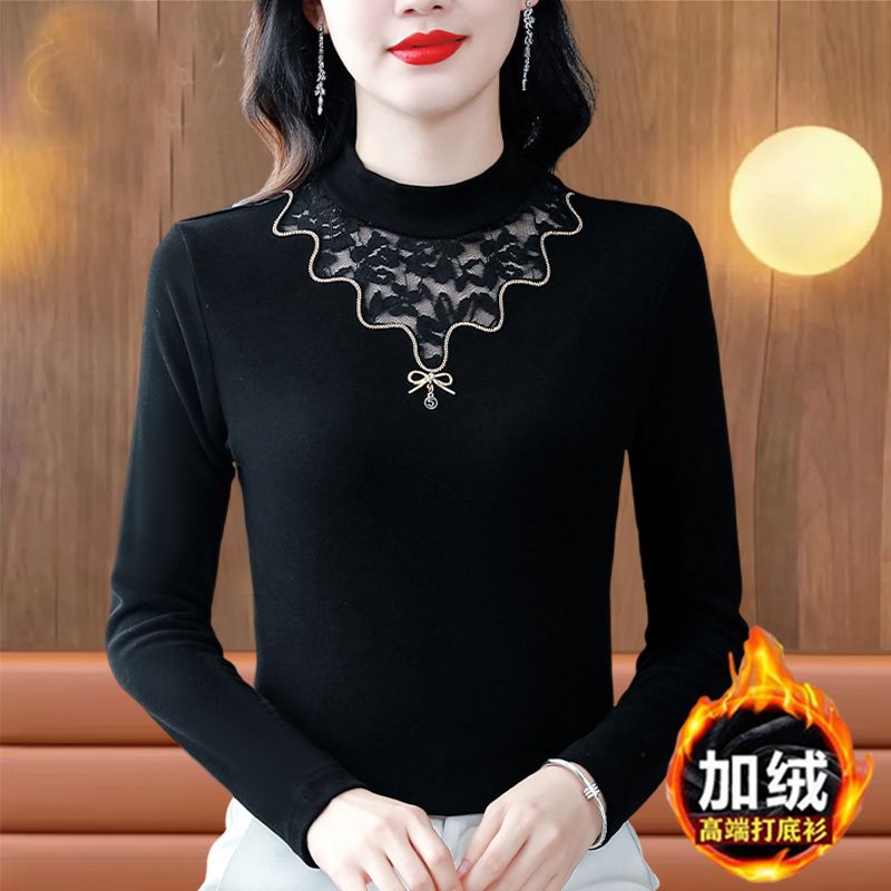 專櫃熱銷蕾絲拼接雙面德絨保暖打底衫秋冬新款女長袖寬鬆洋氣上衣