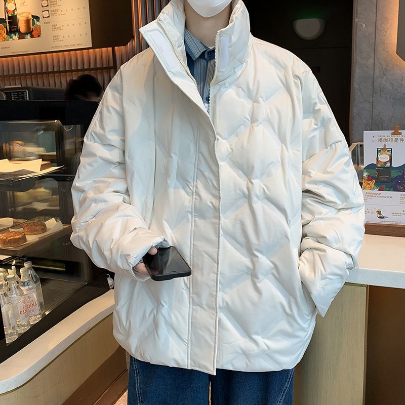 高級感立領拉鏈菱格棉服男女冬季純色情侶加厚麵包服保暖棉衣外套