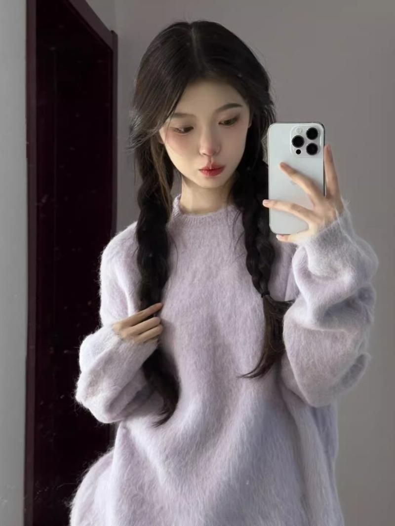 PROMONE紫色馬海毛套頭毛衣女新款軟糯外穿慵懶風加厚針織衫上衣