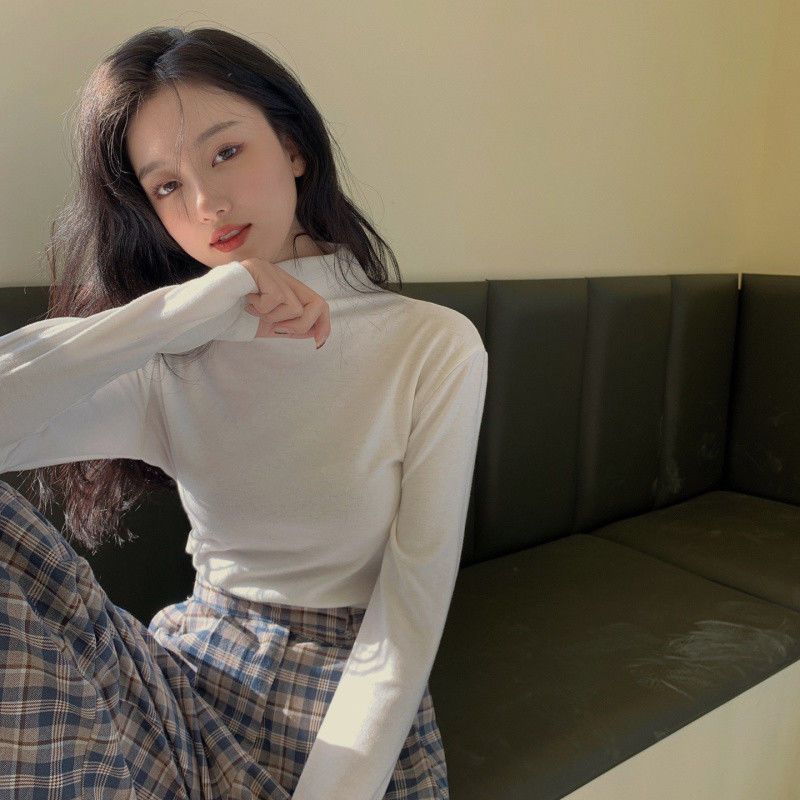 新款德絨修身打底衫女秋冬季加厚百搭半高領內搭保暖長袖t恤上衣