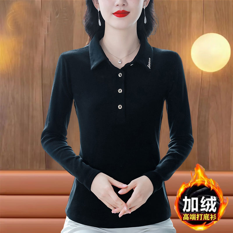 高檔雙面德絨打底長袖襯衫女士秋冬新款寬鬆時尚翻領媽媽小衫