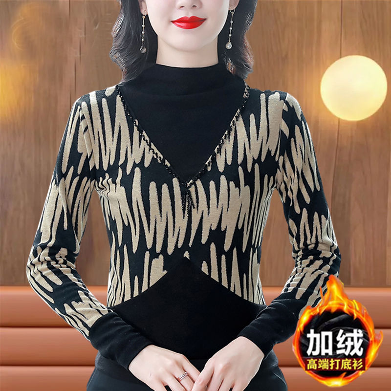 專櫃雙面德絨保暖女打底衫長袖上衣秋冬新款寬鬆顯瘦印花小衫