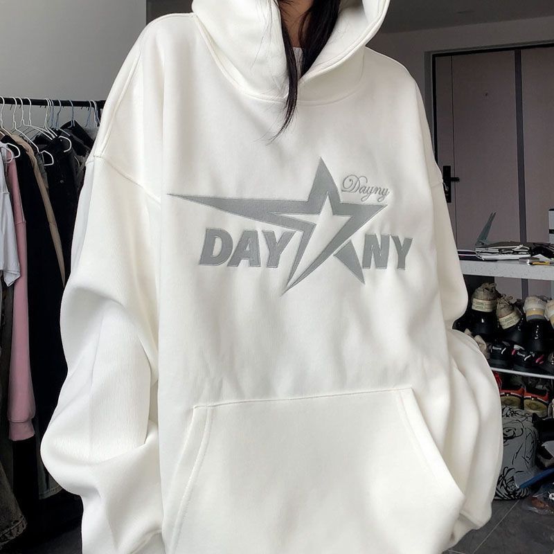 【純棉baby絨】美式重工刺繡連帽衛衣女加絨秋冬高街潮牌寬鬆外套