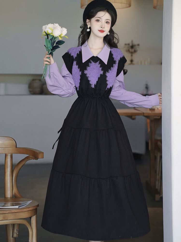 French literary retro new fashion rhombus wool splicing autumn and winter dress with waist slimming and temperament bottoming skirt