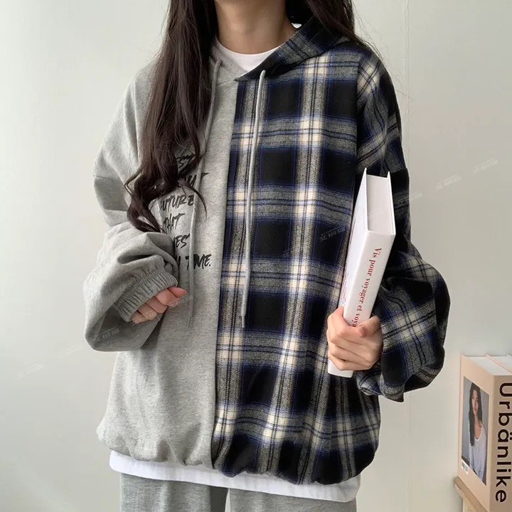 韓版拼接衛衣女春秋冬薄款大碼設計感加絨上衣服oversize2023新款