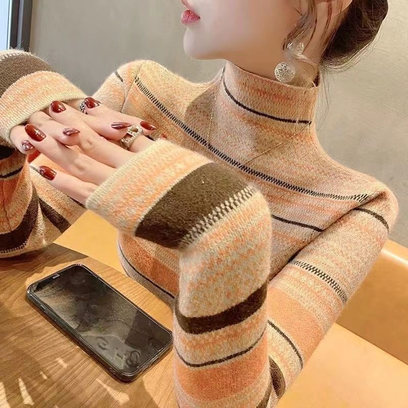 德絨高領打底衫女秋冬新款洋氣印花套頭修身顯瘦保暖T恤內搭上衣