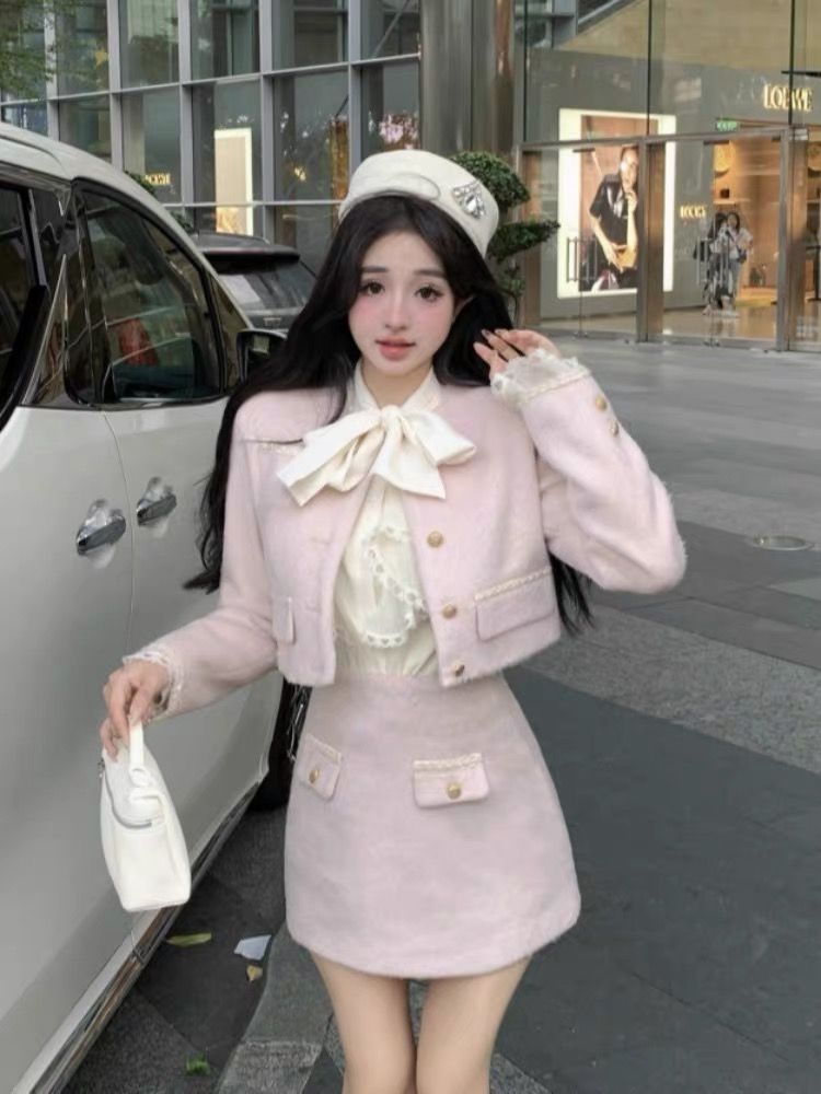 小香風粉色毛呢短外套套裝女秋冬季高腰a字半身裙氣質名媛兩件套
