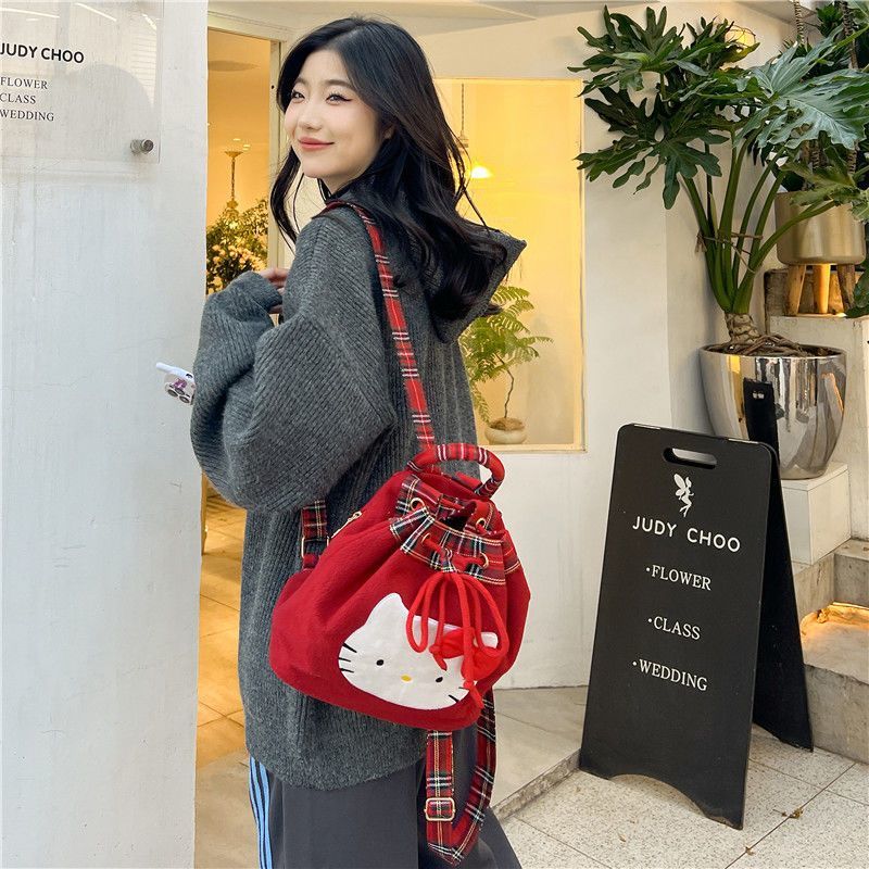 日系可愛學院風雙肩包Hello kitty復古紅格子毛絨超聖誕小背包女