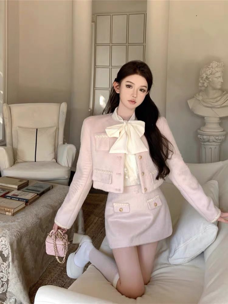 粉色仿水貂毛長袖短款開衫外套女秋冬小香風套裝半身短裙子兩件套