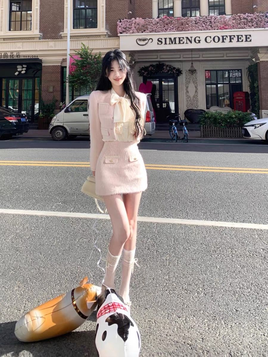 溫柔甜美套裝女小香風短款外套襯衫高腰短裙高級感氣質名媛兩件套