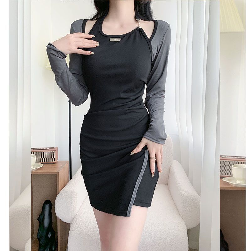 Swimsuit French design new dress neck fake two-piece long-sleeved conservative slim slimming hot style pure lust style skirt