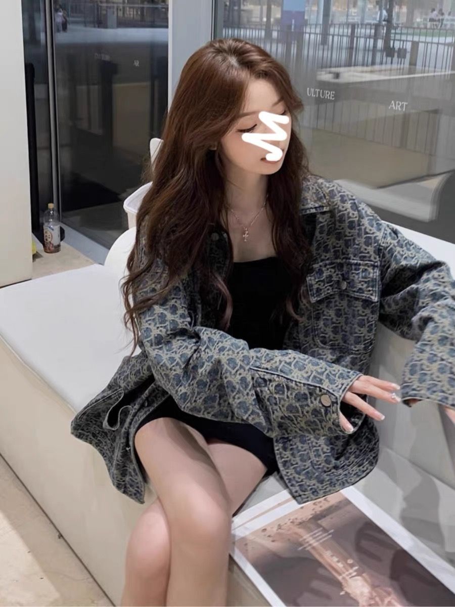 秋冬季新款流行獨特滿印復古牛仔外套女設計感小眾襯衫