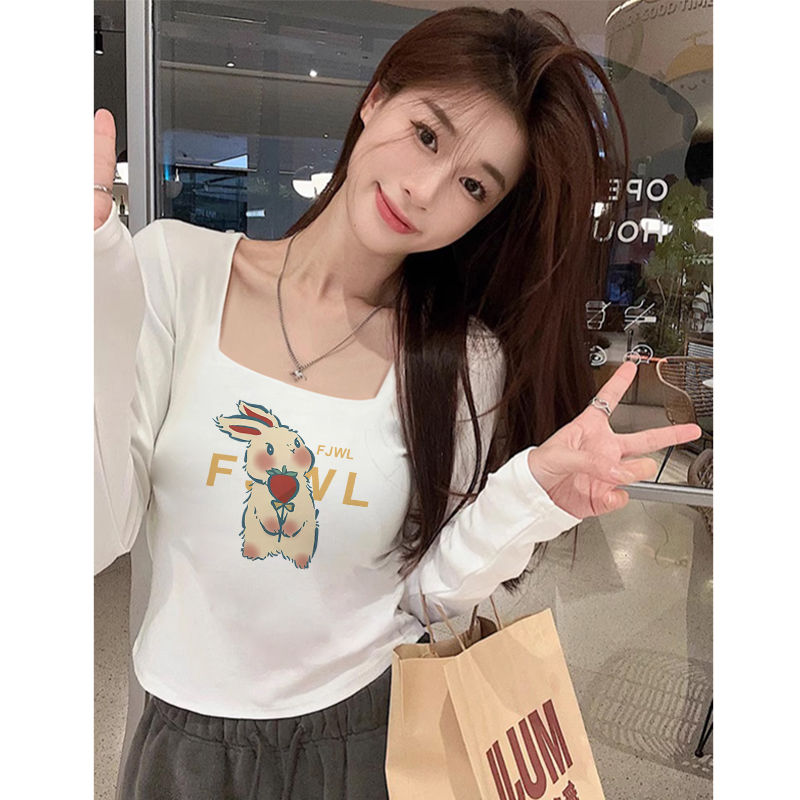 方領純棉法式印花長袖t恤女秋冬季新款純欲風甜辣妹短款內搭上衣