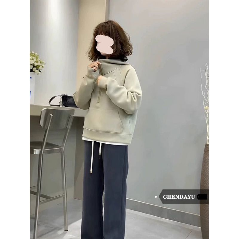 Chen Dayu autumn and winter silver fox velvet thickened hooded turtleneck sweatshirt for women American loose slim design top for women