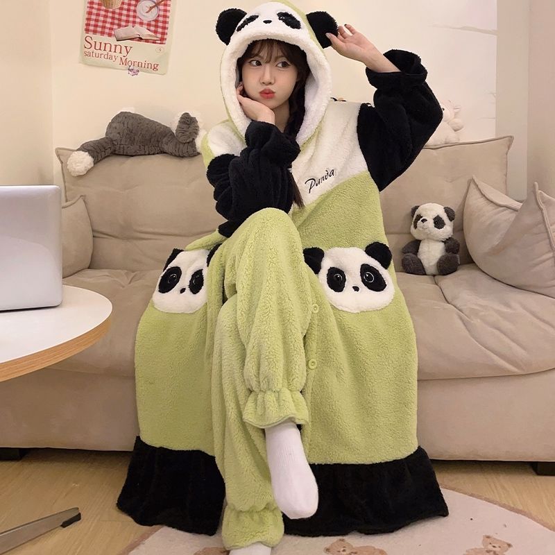 珊瑚絨秋冬加絨加厚睡袍睡衣女新款連帽家居服套裝法蘭絨女兩件套