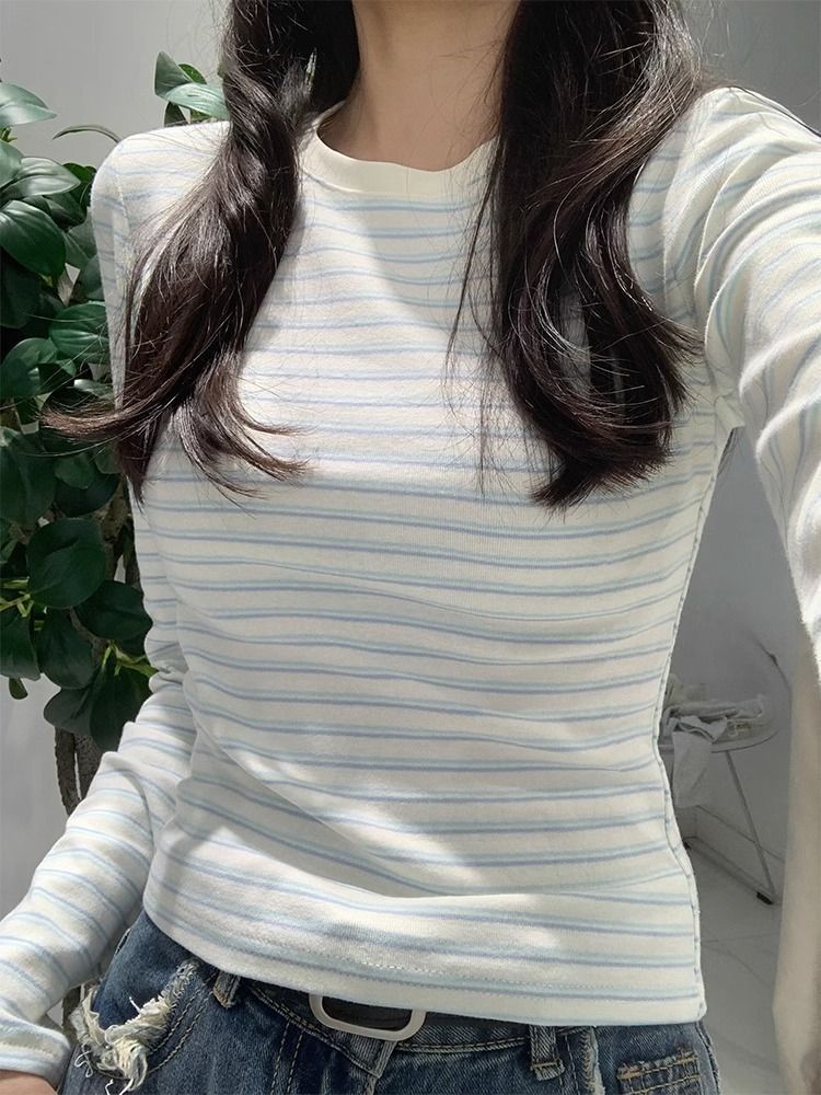 純棉女裝設計感小眾別致條紋正肩長袖T恤女早秋內搭打底衫小上衣