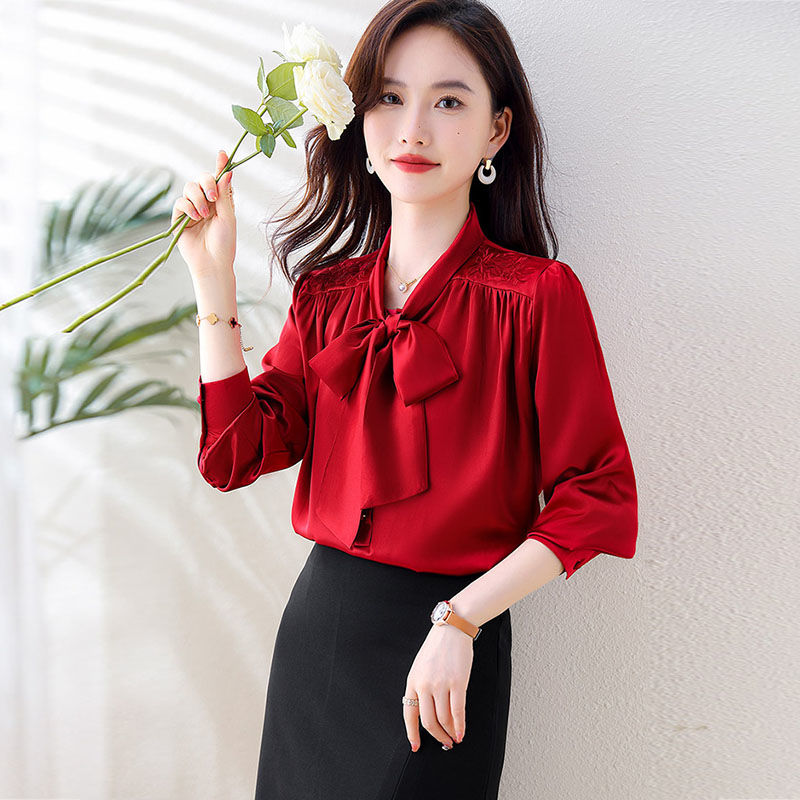 韩版时尚红色衬衫女春秋新款优雅时尚高端飘带蝴蝶结长袖雪纺衬衣