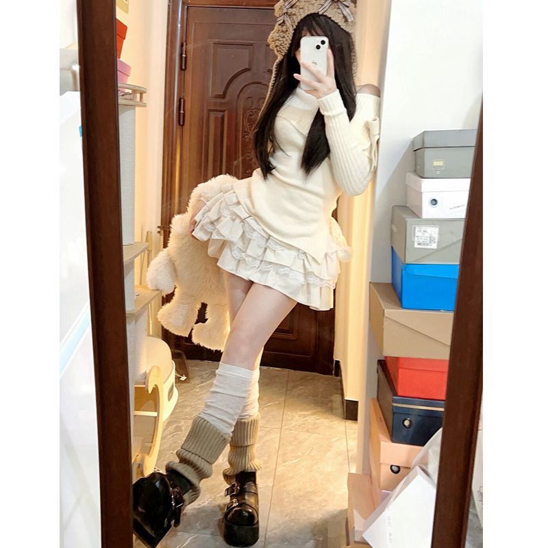 【兩件套】甜美辣妹短款修身一字肩針織衫毛衣女+高腰蛋糕半身裙