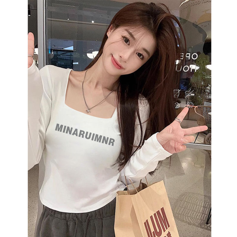 方領純棉法式印花長袖t恤女秋冬季新款純欲風甜辣妹短款內搭上衣