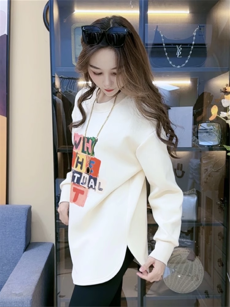 弧形開叉中長款加絨打底衫女冬印花多彩字母加厚衛衣寬鬆遮臀上衣