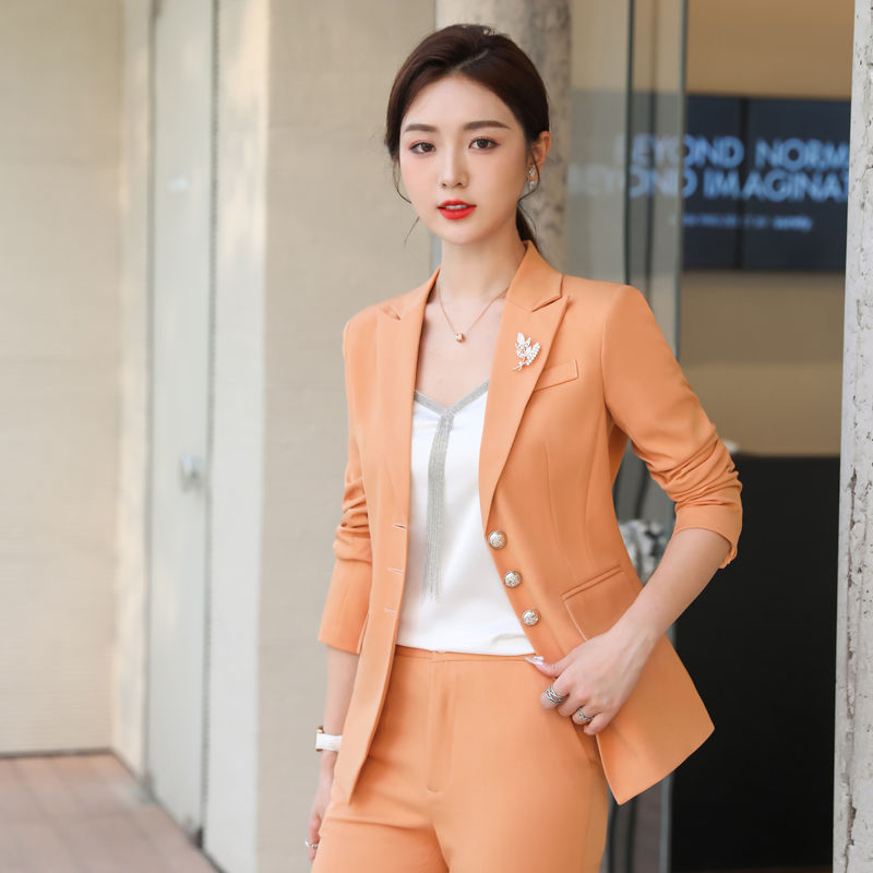 橙色西裝套裝女秋冬季新款小個子西服洋氣兩件套女神范休閒小西裝