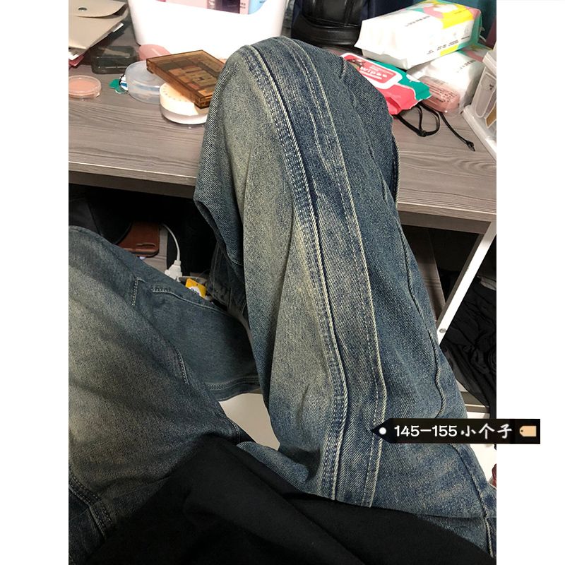 美式高街拼接設計感牛仔褲女小個子秋冬新款直筒顯瘦寬鬆闊腿長褲