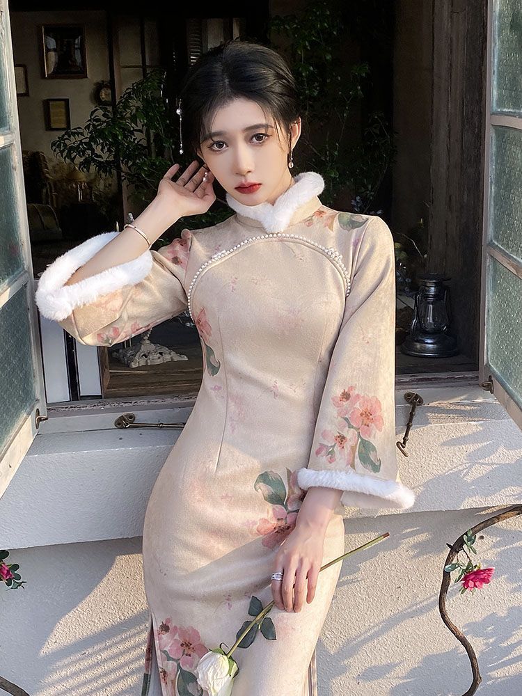 古法旗袍倒大袖少女2023秋冬新款加絨加厚年輕款中國風改良連衣裙