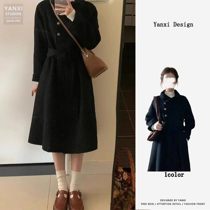 黑色呢子大衣女秋冬季2023新款韓系小個子中長款氣質系帶毛呢外套