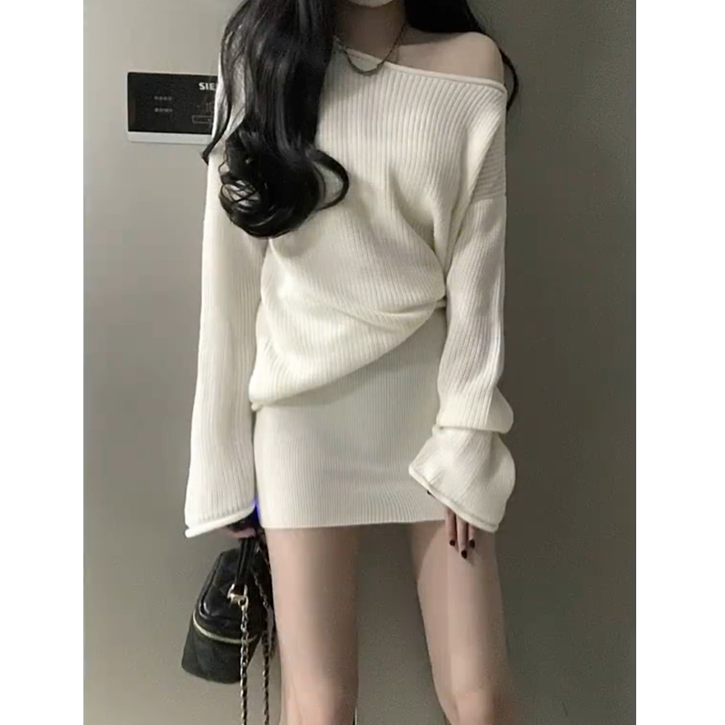 套裝女2023秋新款miu系穿搭慵懶純欲辣妹一字肩毛衣高腰包臀短裙