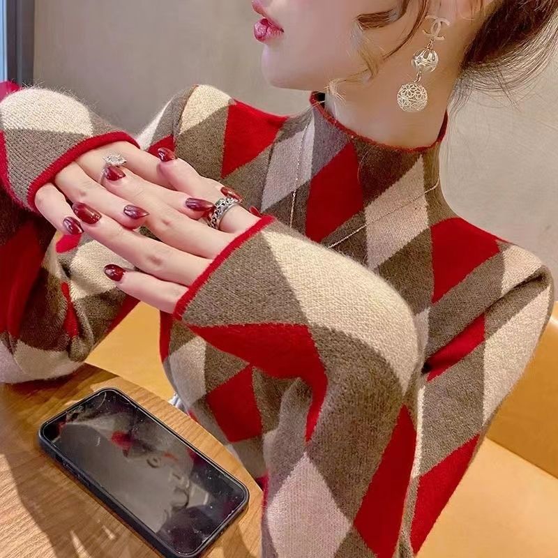 德絨高領打底衫女秋冬新款洋氣印花套頭修身顯瘦保暖T恤內搭上衣
