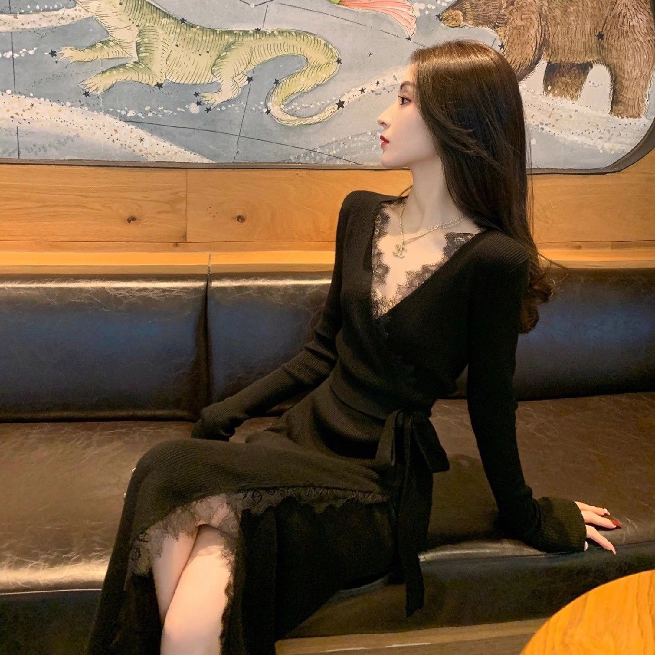 小香风时尚开叉针织连衣裙女装2023秋季新款性感气质修身黑色裙子