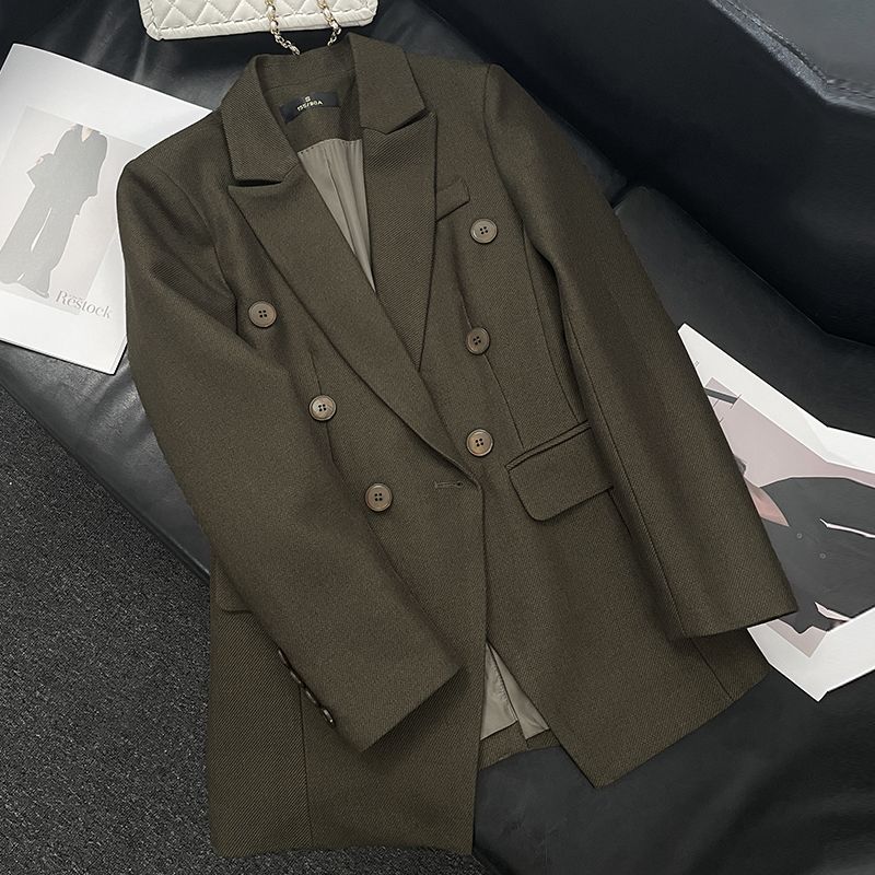 Khaki blazer women's autumn and winter 2023 new high-end fashion Korean style double-breasted niche suit top