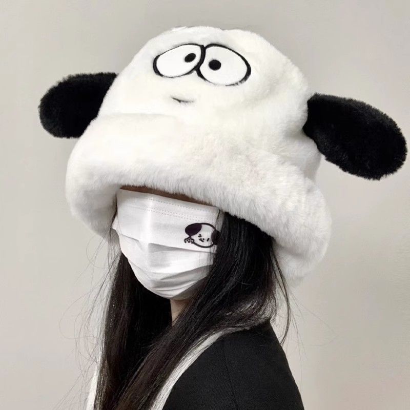 Cute and playful puppy plush hat for girls to show face in winter, keep warm while riding bicycles and protect ears, give a Lei Feng hat to best friend