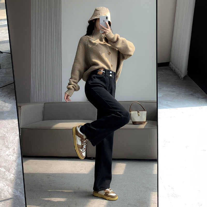 港風韓版直筒牛仔褲女2023新款秋冬季高腰顯瘦小個子垂感闊腿拖褲