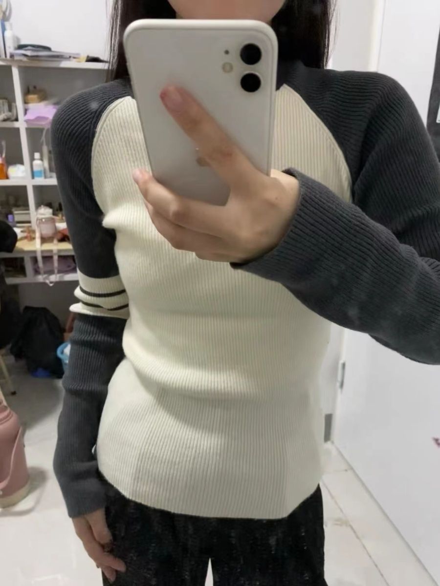 條紋插肩長袖針織打底衫女春秋冬軟糯內搭毛衣修身設計感小眾上衣