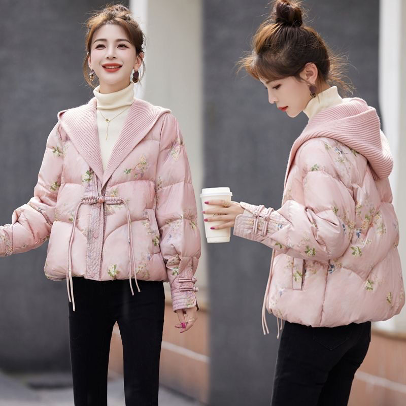 新中式国风羽绒服女短款2023冬季新款减龄盘扣印花白鸭绒保暖外套