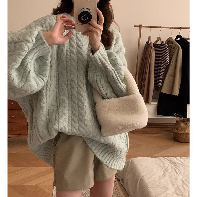 Soft waxy knitted round neck pullover top for women lazy style  new Korean style loose sweater jacket large size autumn and winter