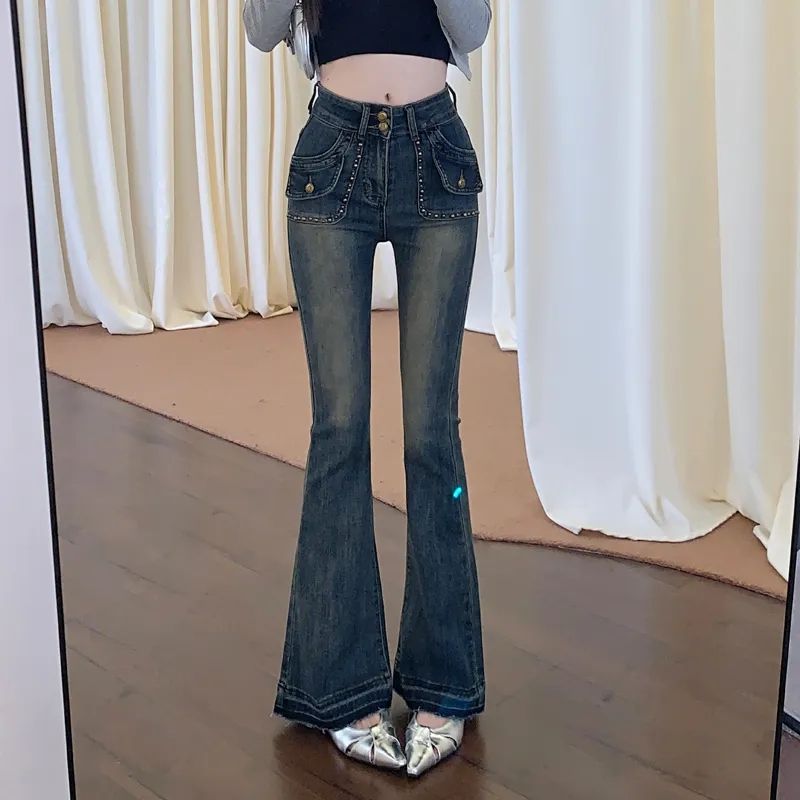 145矮小個子xs復古辣妹彈力微喇牛仔褲女高腰顯瘦修身馬蹄長褲潮