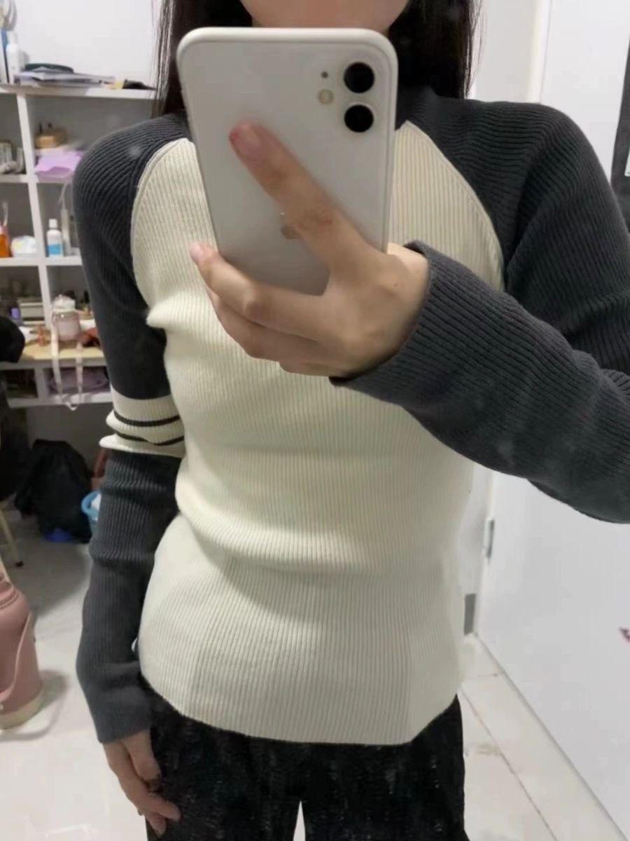 美式條紋長袖針織衫女裝秋季撞色設計感內搭修身打底毛衣短款上衣