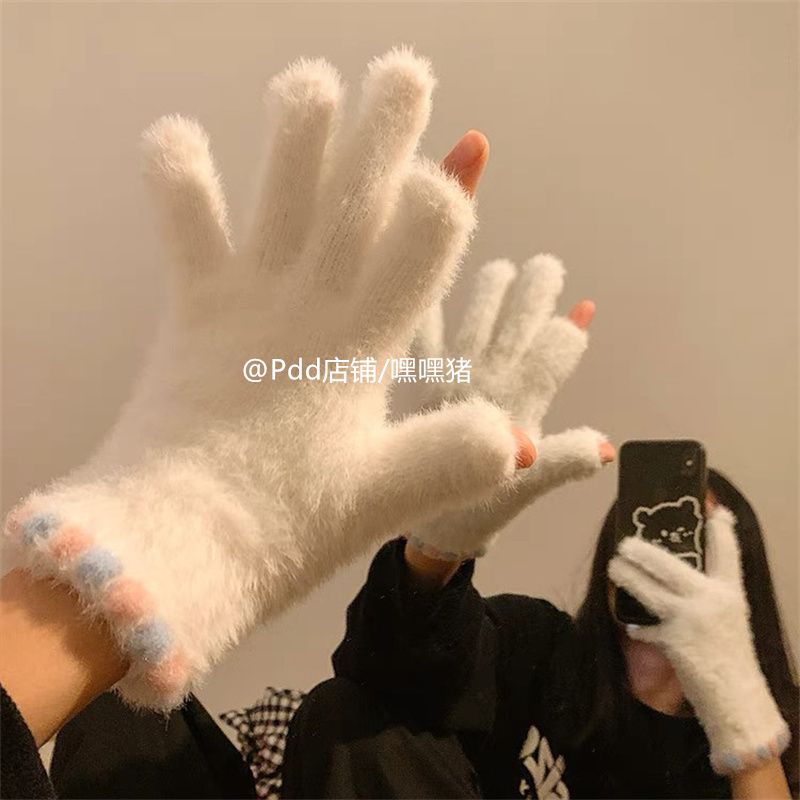 嘿嘿豬/小糖豆毛絨手套女秋冬季保暖加厚毛茸露指可觸屏分指學生