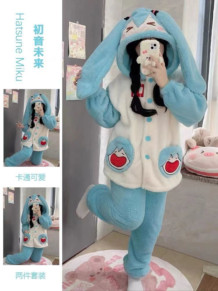 初音未來睡衣女冬季珊瑚絨法蘭絨加厚長款睡袍可愛可外穿冬天新款