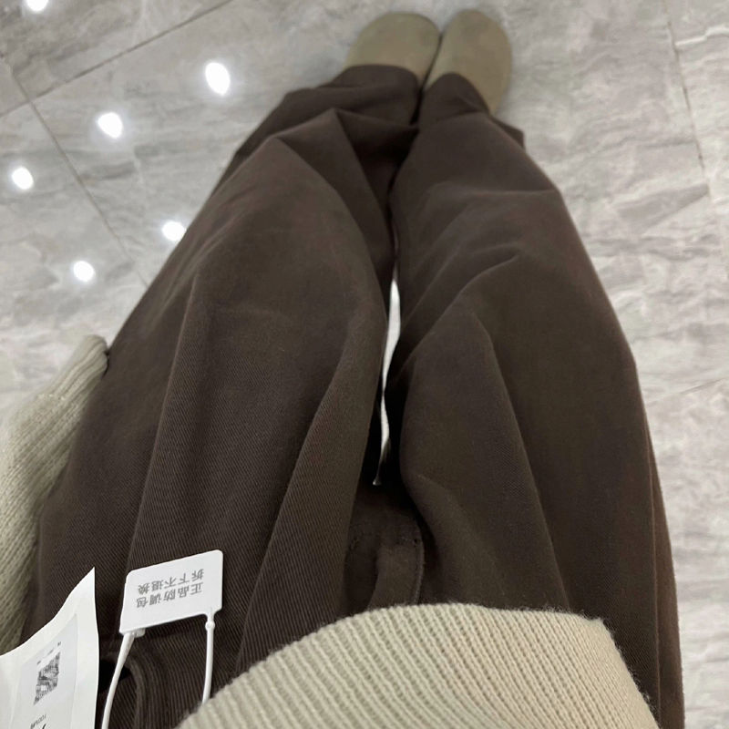美拉德棕色褶皺牛仔闊腿褲女小個子高腰顯瘦直筒褲垂感拖地長褲潮