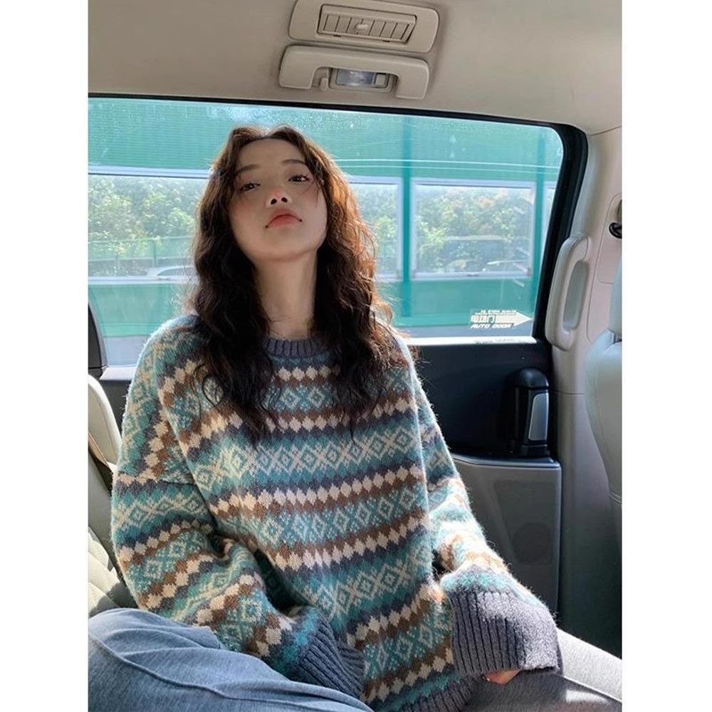 設計感小眾港風復古休閒菱格毛衣女2023秋冬新款慵懶風寬鬆毛衣女