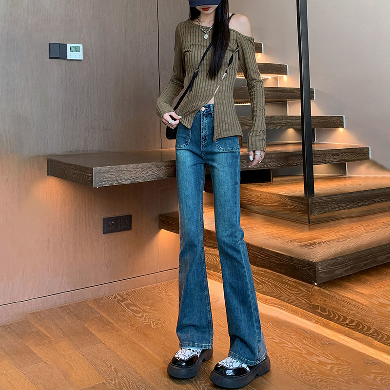 韓版復古藍色做舊微喇牛仔褲2023辣妹女休閒高腰顯瘦微喇叭褲時尚