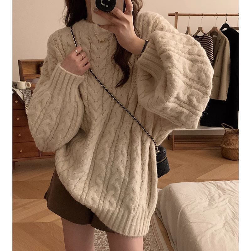 Soft waxy knitted round neck pullover top for women lazy style  new Korean style loose sweater jacket large size autumn and winter