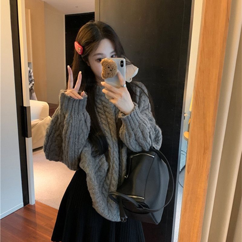 Lazy style pullover knitted sweater women's autumn Korean version 2023 new lantern sleeve twist loose long-sleeved top