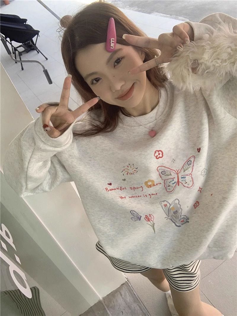 白灰色美式復古慵懶風圓領無帽衛衣女秋冬加絨ins國潮牌寬鬆上衣