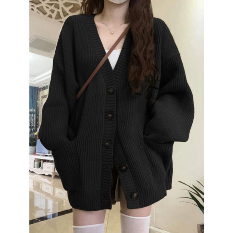 Solid color sweater jacket for women in autumn and winter new style lazy style loose casual slim V-neck versatile student knitted cardigan